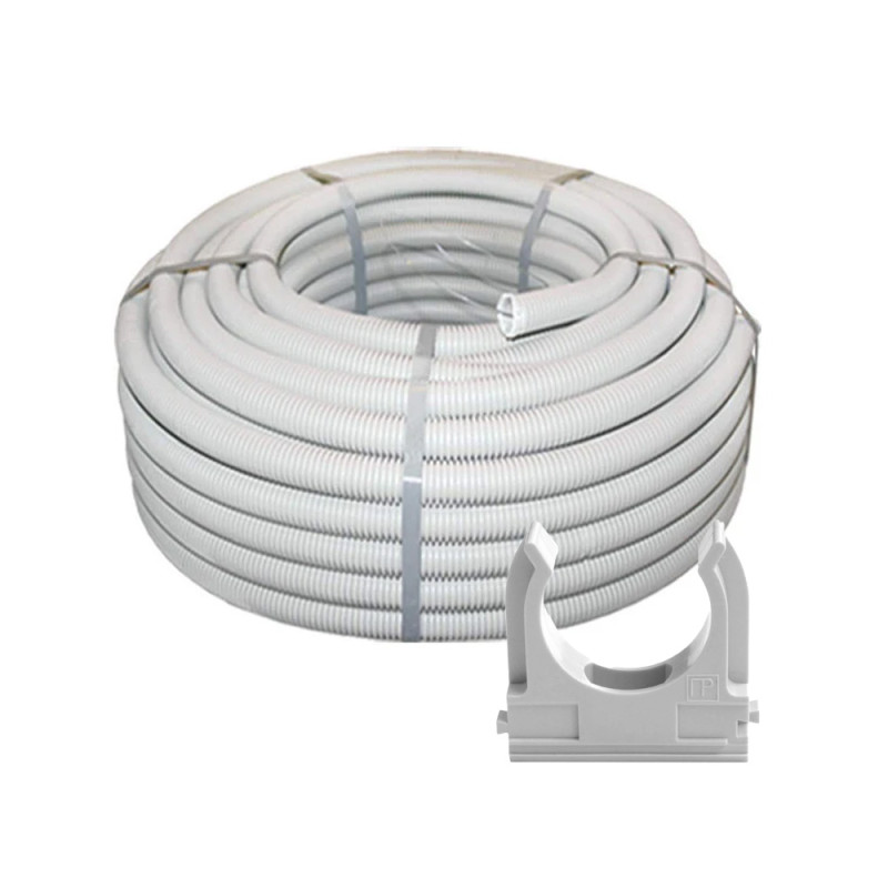 Комплект: гофротруба Light ДКС ПВХ D 25 (50 м) сіра + кліпси для гофри 25 мм (50 шт/уп) сіра