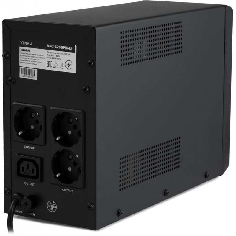 Джерело безперебійного живлення Vinga VPC-1200PRM3 1200ВА / 720 Вт з LED-дисплеєм у металевому корпусі