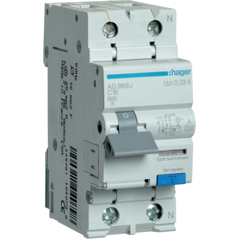 Hager 1+N С16/30mA 6кА, тип-A AD966J Дифавтомат
