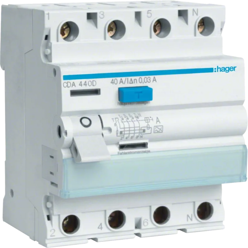 Hager CDA440D Дифференциальное реле 4P, 6kA, 40A,30mA, A