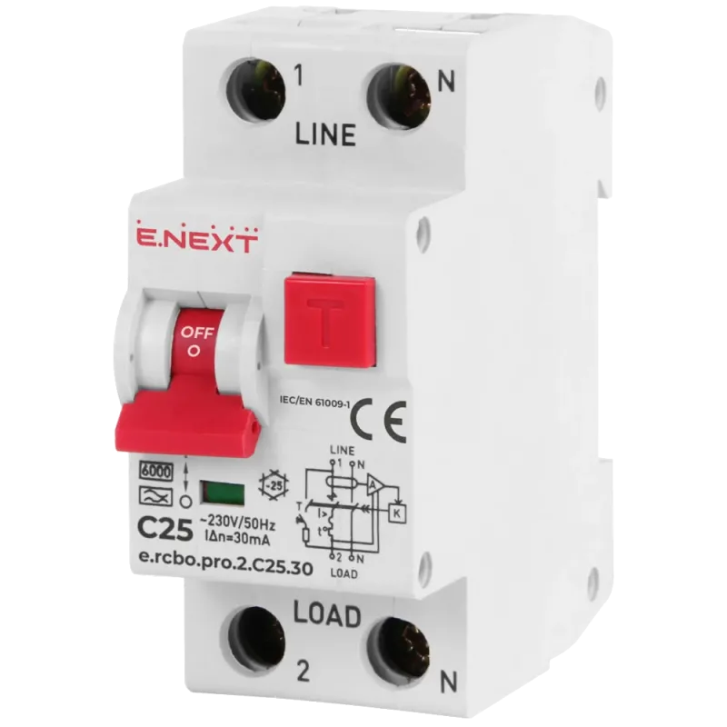 Enext e.rcbo.pro.2.C25.30, 1P+N, 25А, С, тип А, 30 Выключатель дифференциального тока с защитой от сверхтоков