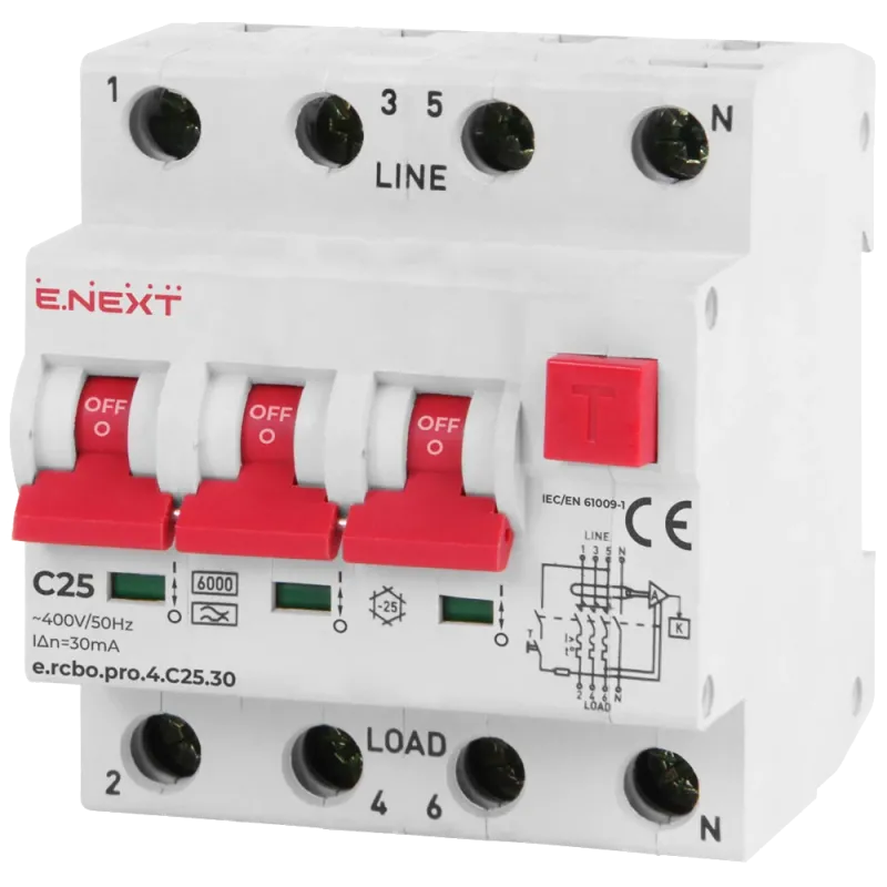 Enext e.rcbo.pro.4.C25.30, 3P+N, 25А, С, тип А, 30 Вимикач диференціального струму із захистом від надструмів