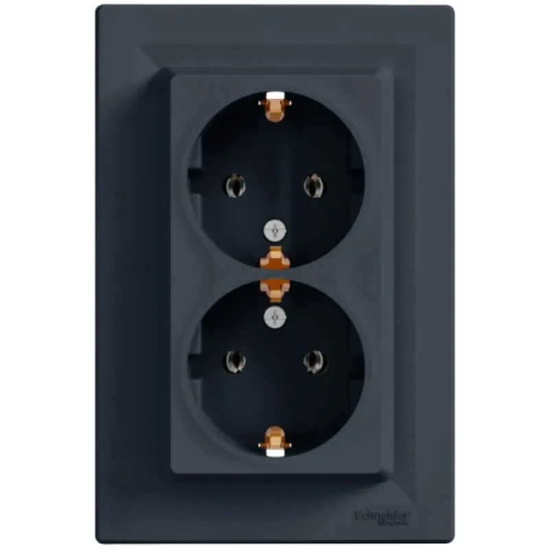 Schneider Electric EPH9900171 Asfora Розетка подвійна 220В антрацит, пластик, із заземленням, Schuko, без захисної кришки, без шторок, для врізного монтажу