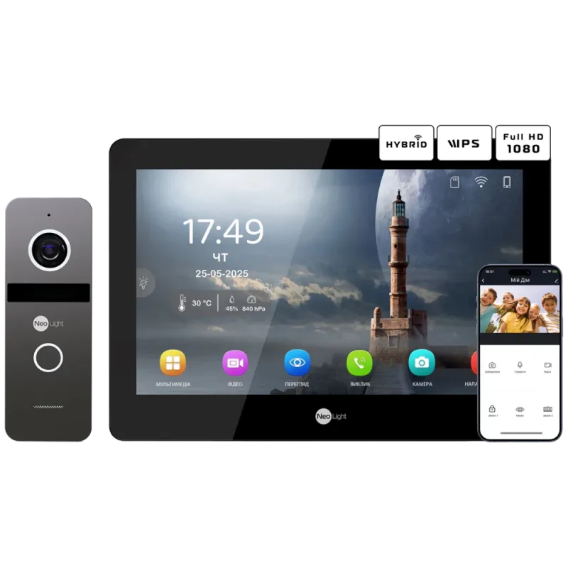 Neolight MEZZO Hybrid Black + SOLO IPW Graphite з кутком, PoE адаптер для панелі виклику Комплект відеодомофону