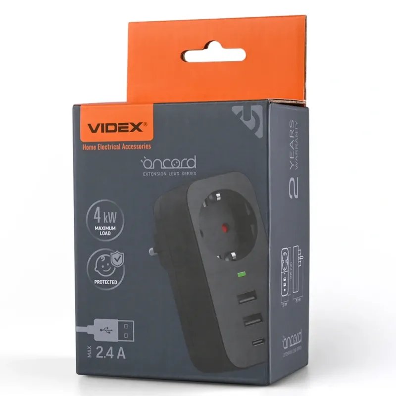 VIDEX ONCORD з/з 1п 2.4A 2USB+USB-C Black Сетевой адаптер с заземлением