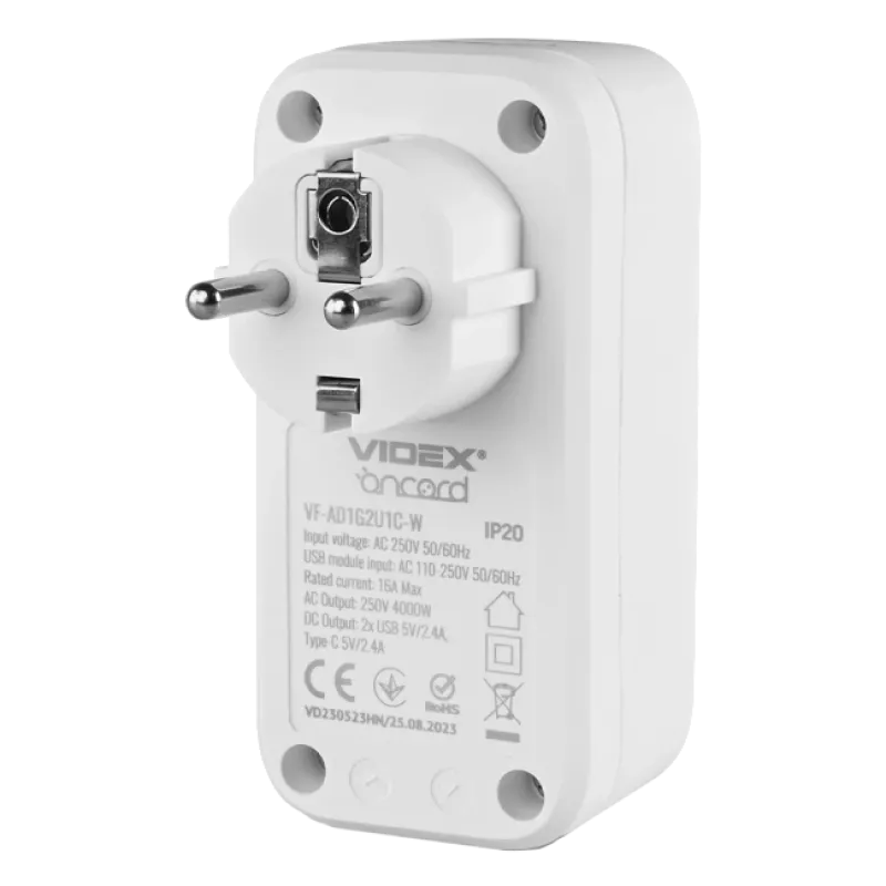 VIDEX ONCORD 1п 2.4A 2USB+USB-C Сетевой адаптер Type-C с заземлением