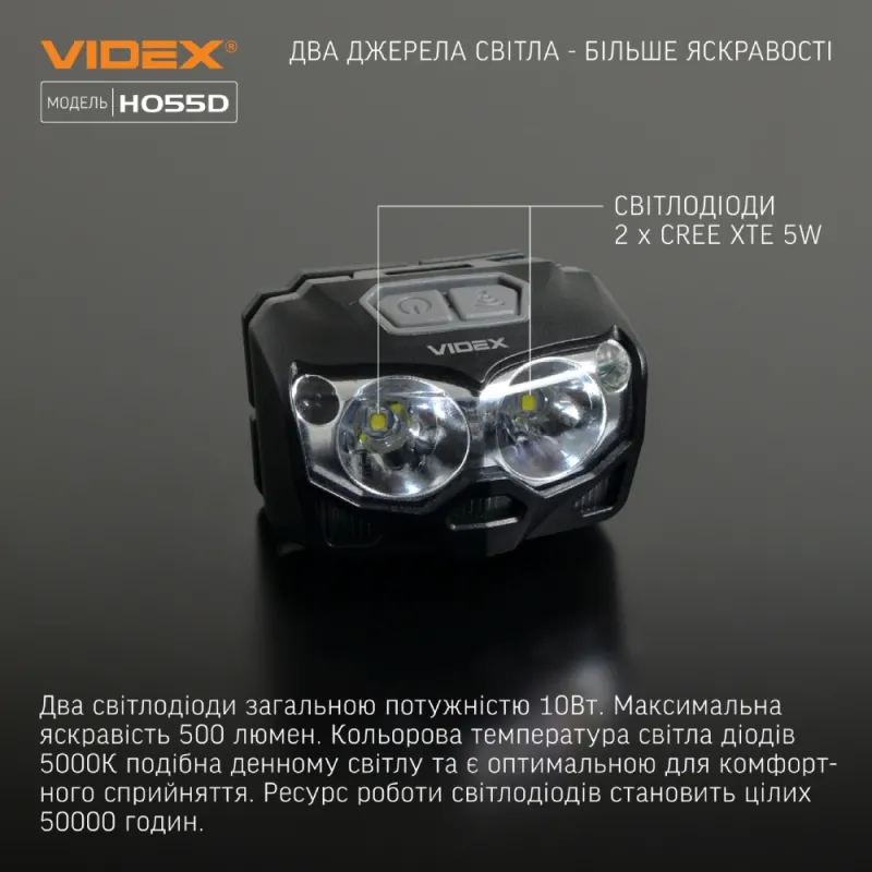 VIDEX VLF-H055D 500Lm 5000K Налобный светодиодный фонарик